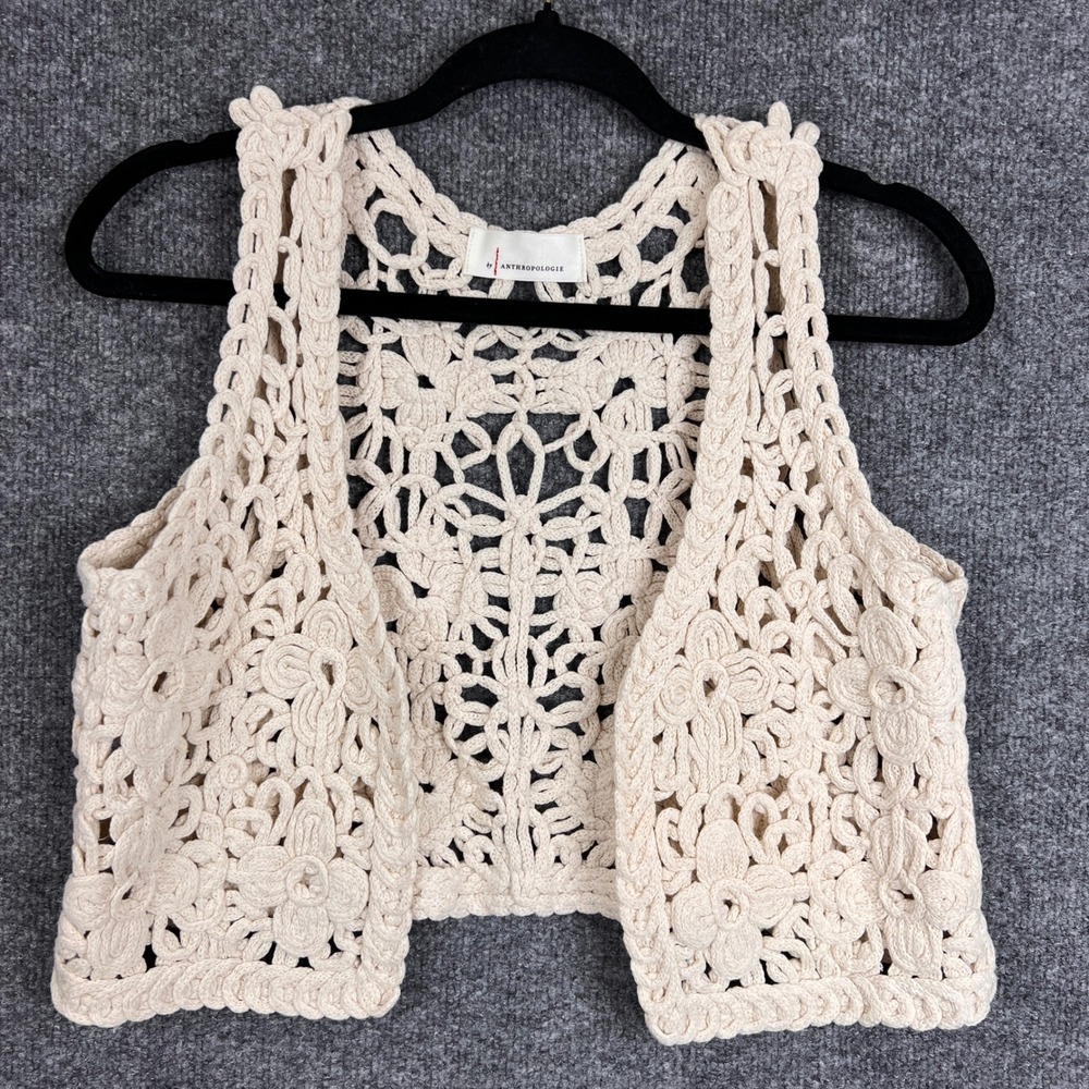 Anthropologie Cream Crochet Flower Crop Vest Boho‎ Open Knit Sleeveless One Size